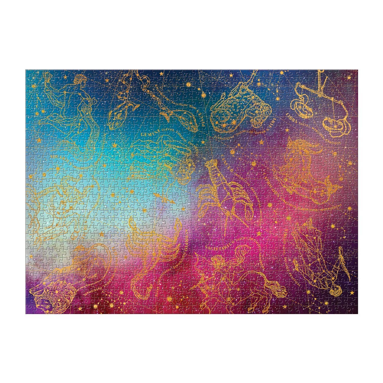 Astrology 1000 Piece Foil Puzzle featuring gold zodiac constellations on a blue, purple, and pink gradient background.