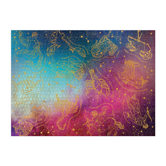 Astrology 1000 Piece Foil Puzzle featuring gold zodiac constellations on a blue, purple, and pink gradient background.
