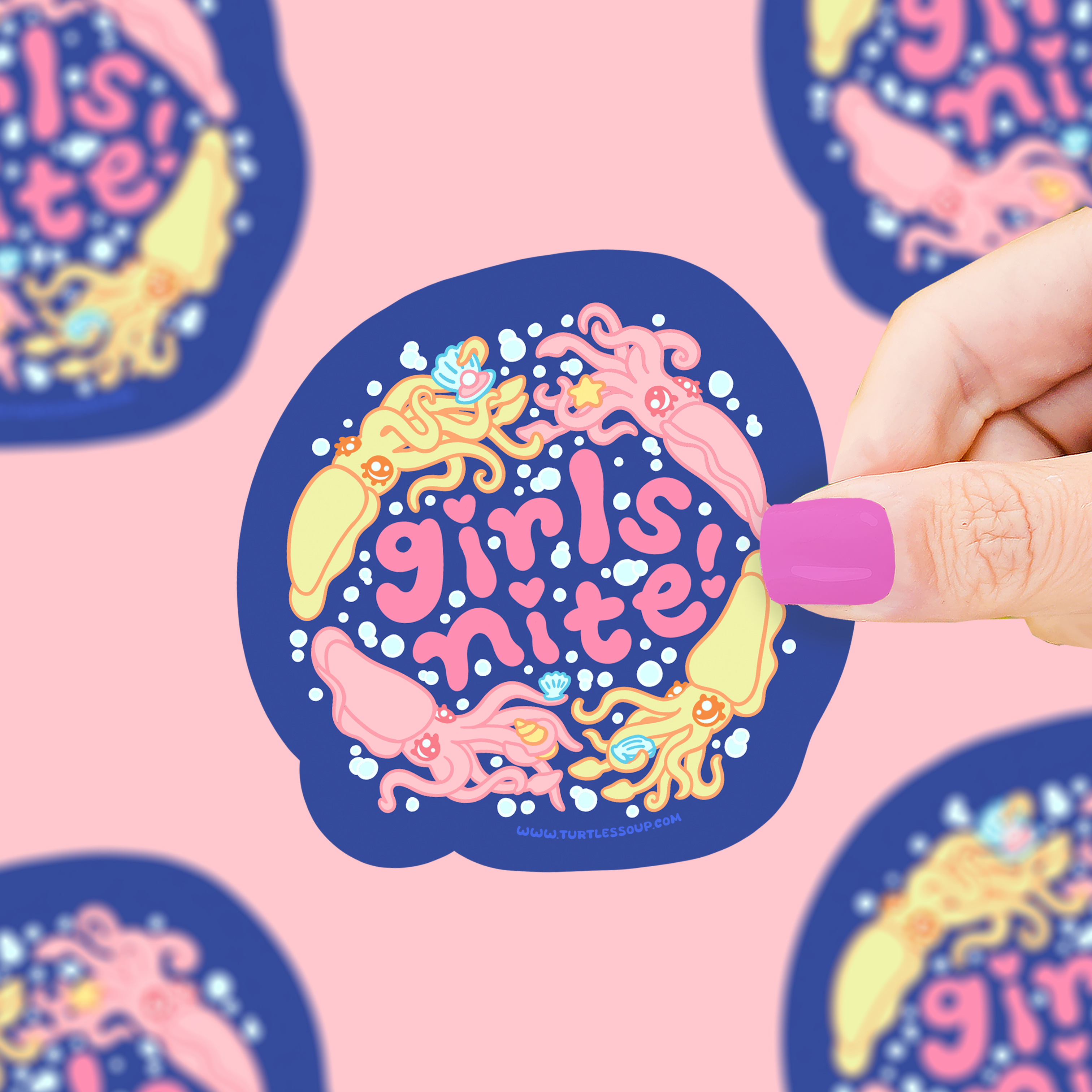 Girls Night Squids BFF vinyl sticker with pink letters, squids, hearts, and waterproof material held in a hand.