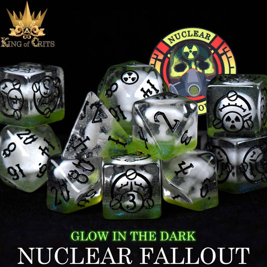 Nuclear Fallout - 11 Dice Set (Glow) with nuclear symbols.
