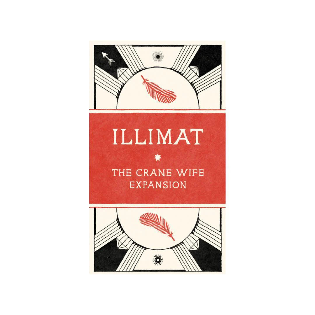 Illimat Expansion The Crane Wife Set card with red panel, feathers, and geometric shapes.