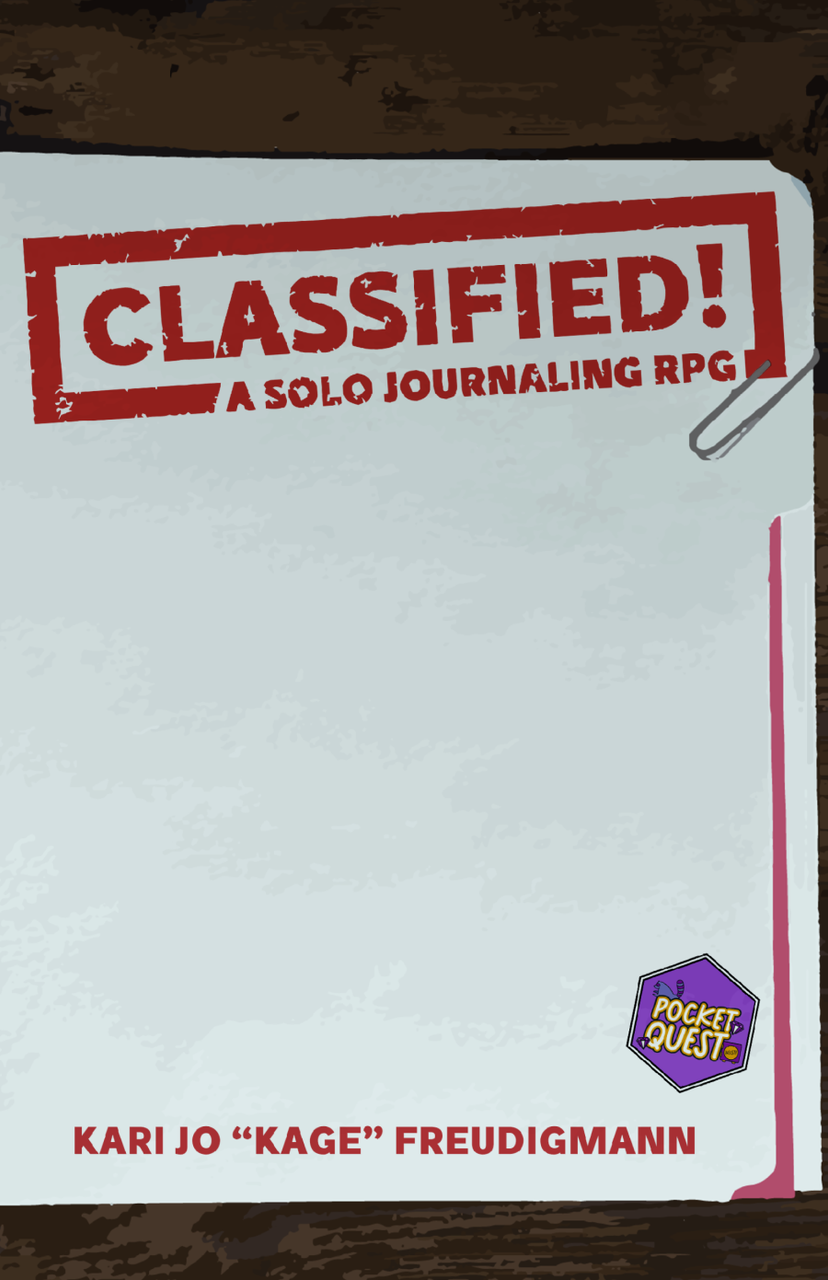 Classified A Solo Journaling RPG paper with PocketQuest logo.