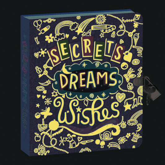 Glow-in-the-dark lockable diary titled Secrets, Dreams, Wishes with doodles, side lock, and key.