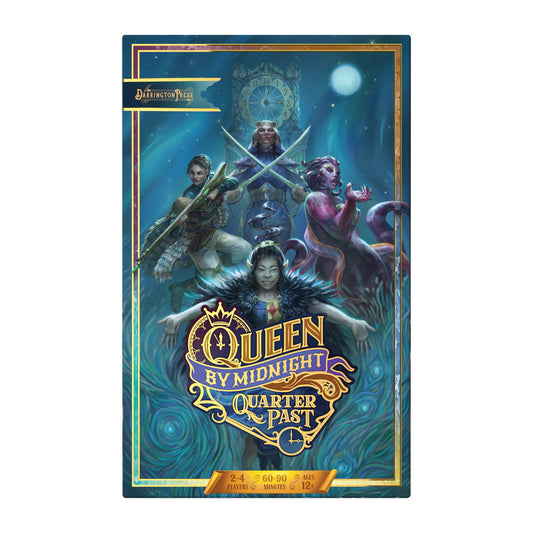 Queen by Midnight: Quarter Past strategy game featuring four characters on the cover under a moonlit sky.