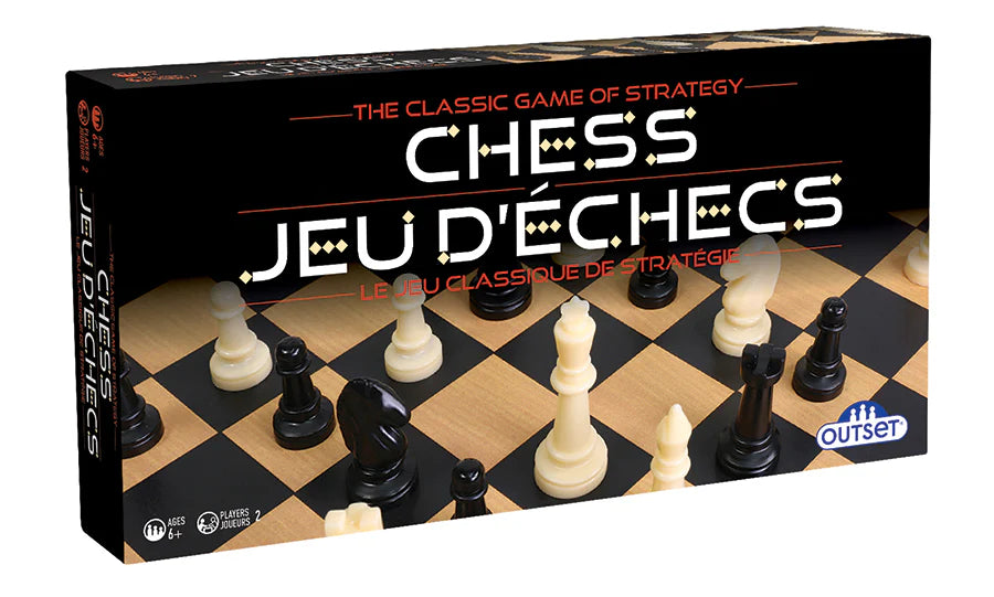 Plastic chess set box labeled in English and French, with chess pieces shown on the gameboard.