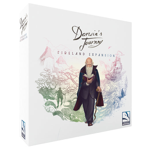 Darwins Journey: Fireland Expansion box with illustrations of Darwin, a book, island map sketches, and a ship.