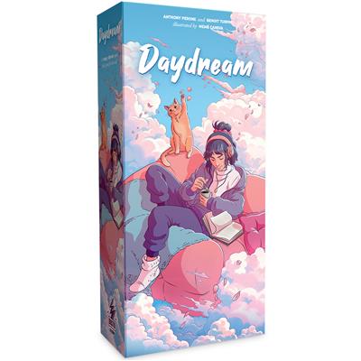 Daydream product box displaying a person with headphones, a cat, and pastel clouds.