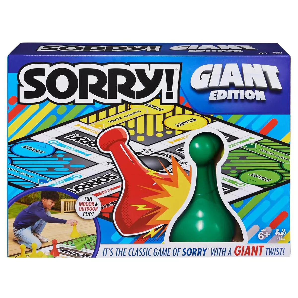 SORRY Giant Edition game with oversized pieces, game board, and box for ages 6 and up.