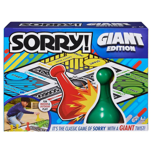 SORRY Giant Edition game with oversized pieces, game board, and box for ages 6 and up.