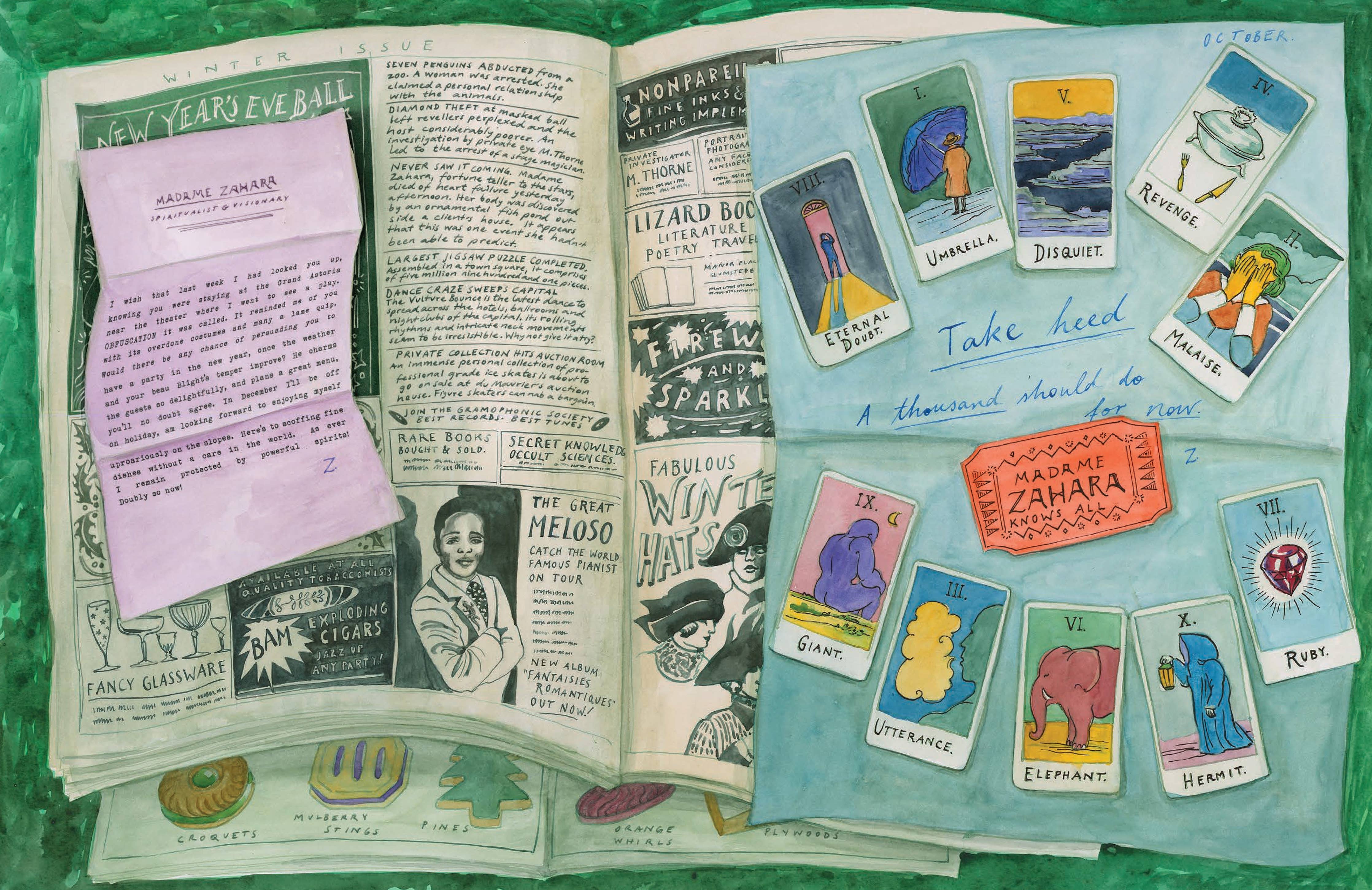 Murder Most Puzzling: Peril at Quandary Park book with playful ads, a purple letter, and tarot-style puzzles inside.
