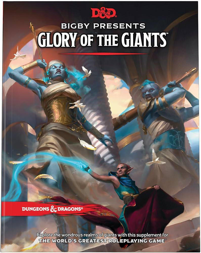 Bigby Presents Glory of the Giants D&D expansion book cover with a spellcasting elf and two giants.