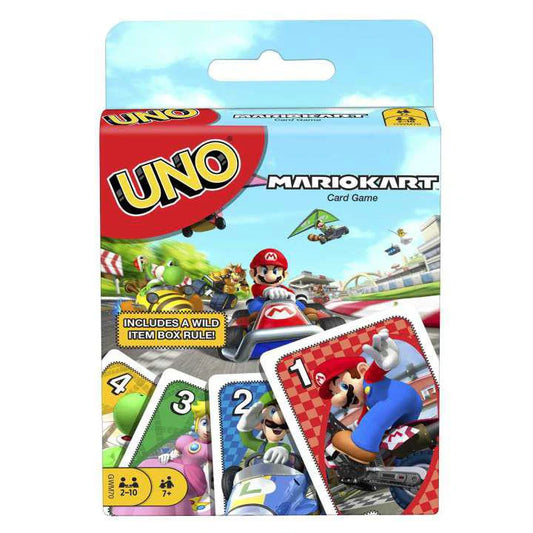 Uno Mario Kart card game box, ages 7+, featuring Mario and friends on the front.