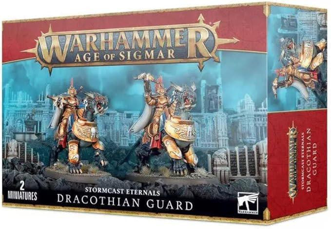 Stormcast Eternals Dracothian Guard Fulminators miniatures with storm strike glaives on lizard-like mounts.