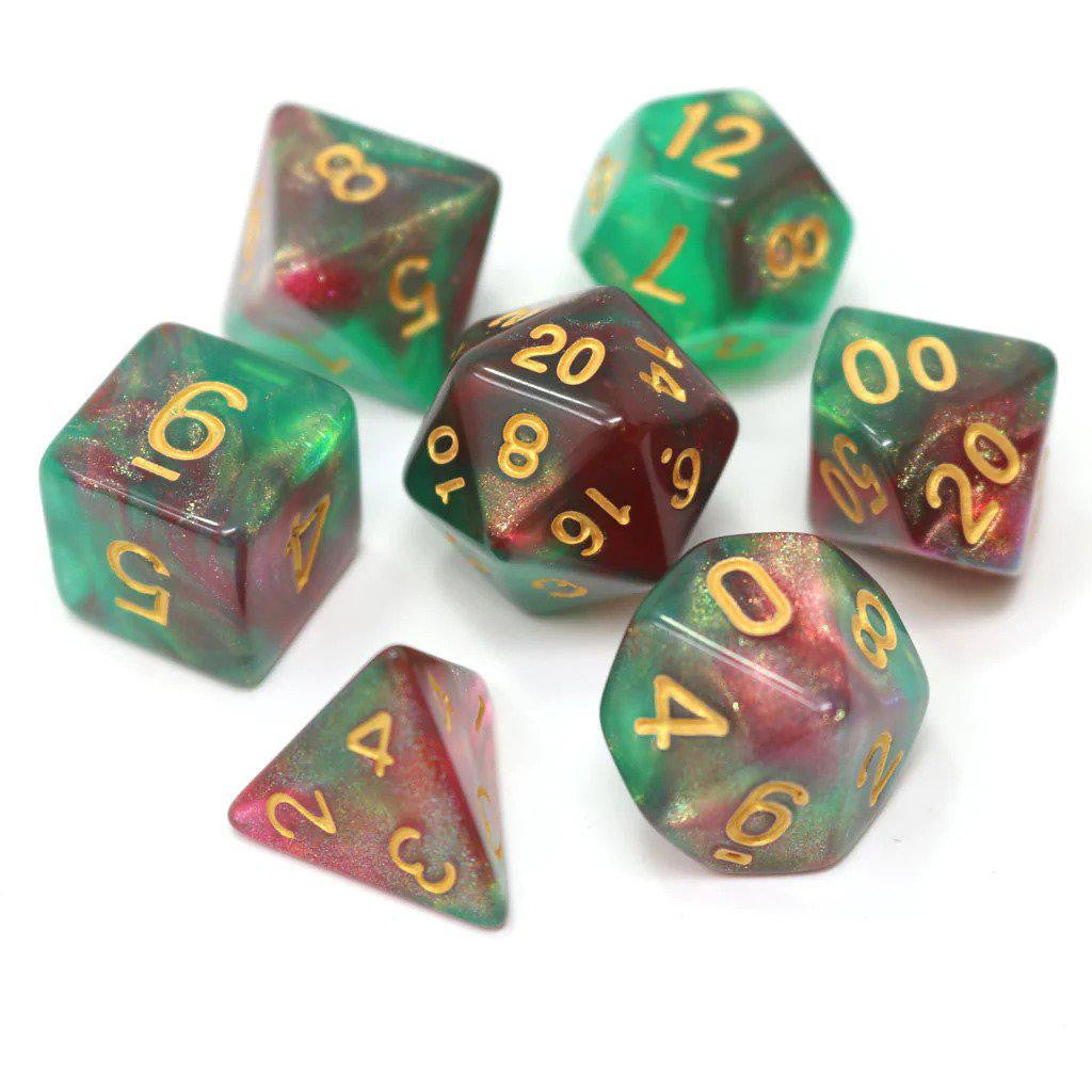 Elfs Dream RPG Dice Set, 7 dice in green and red with gold numbers for tabletop games like Dungeons & Dragons.