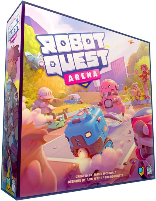 Robot Quest Arena board game box featuring animated robots in an outdoor battle scene.