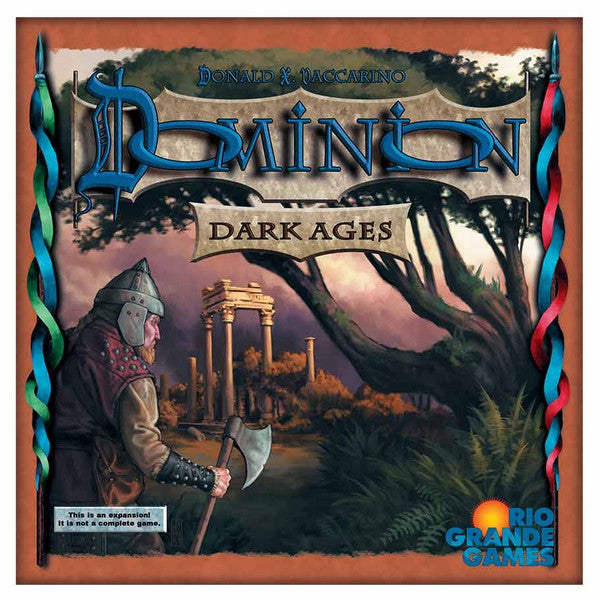 Dominion: Dark Ages board game box by Rio Grande Games featuring a medieval warrior, ravine, and castle.