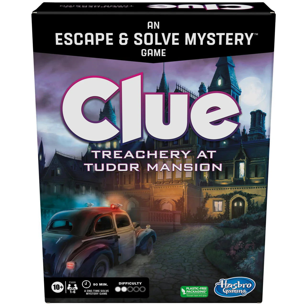 Clue: Treachery at Tudor Mansion mystery board game featuring a classic car and mansion setting.