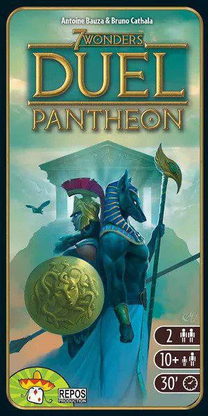7 Wonders Duel: Pantheon Expansion box with title, showing a warrior and horse statue under the sky.