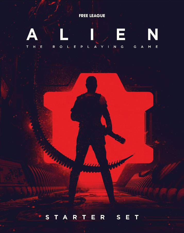ALIEN RPG Dice and Starter Set packaging with red hexagon design and silhouette holding a weapon.