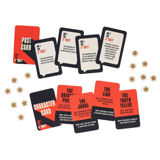 Am I The A**hole? social deduction card game with Character Cards, Liar, Judge, Truth Teller, and circular tokens.