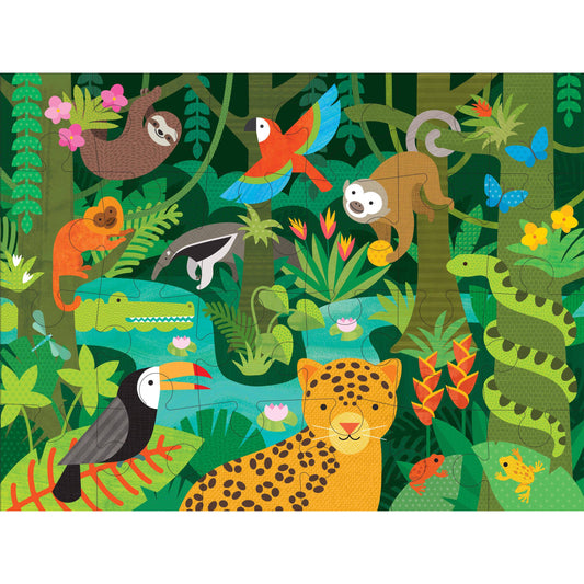 Wild Rainforest 24-Piece Floor Puzzle featuring jungle animals including jaguar, toucan, monkeys, sloths, and crocodile.