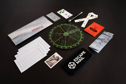 Family Secrets Series Episode 2 Missing Person escape kit with envelopes, cards, pen, map, and rescue protocol.