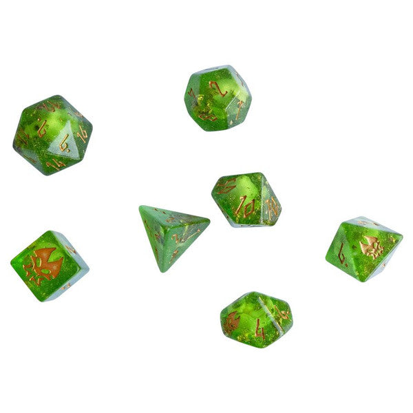 Seven green resin Gelatinous Ooze Dice from Helianas Guide to Monster Hunting on a white background.