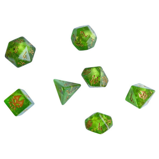 Seven green resin Gelatinous Ooze Dice from Helianas Guide to Monster Hunting on a white background.