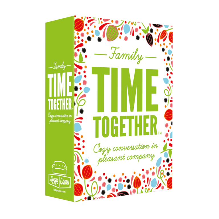 Time Together Family game box featuring text: Cozy conversation in pleasant company. Floral pattern on packaging.