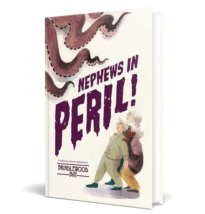 Nephews in Peril book cover featuring two people looking at a large octopus tentacle above them.