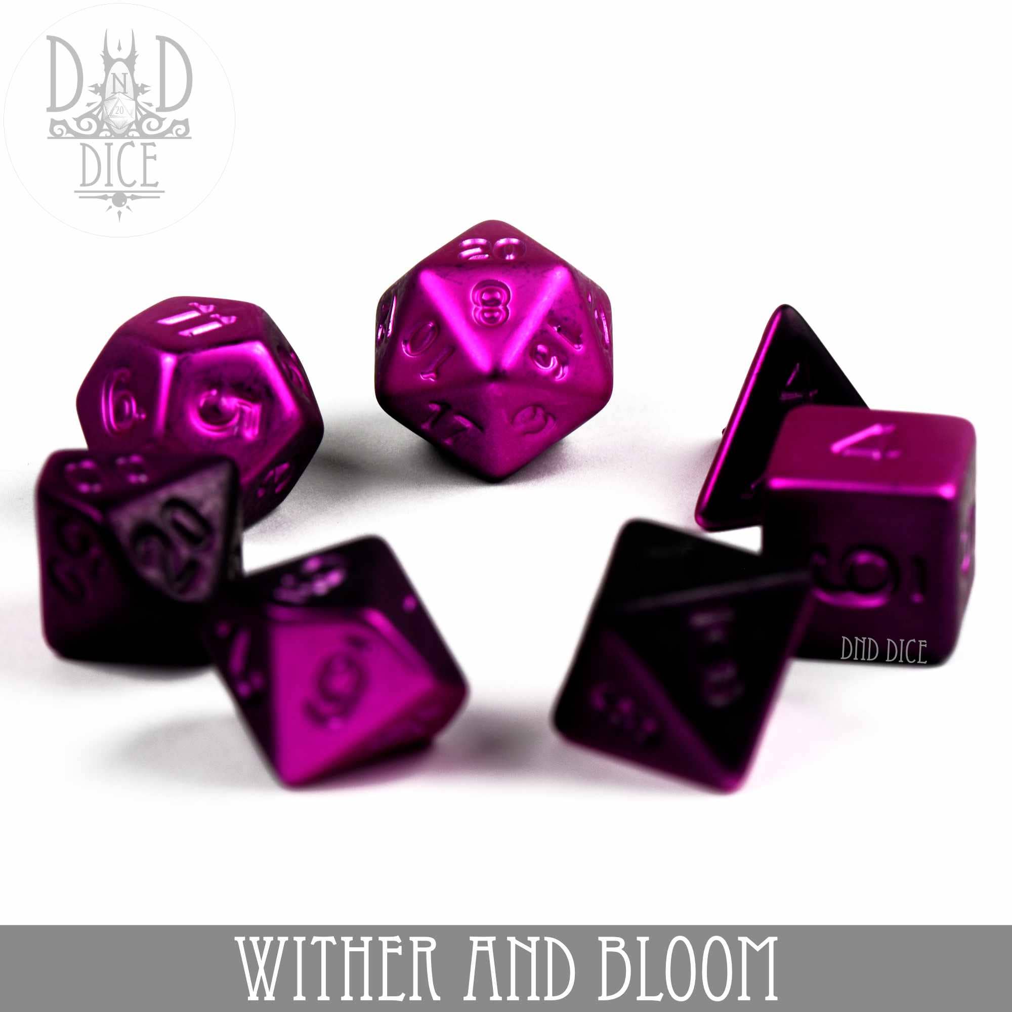 Seven metallic purple acrylic DND dice set with Wither and Bloom label below.