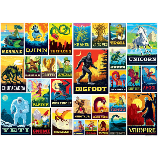 The Vintage Posters - Mythical Creatures 1000 Piece Puzzle with images of Bigfoot, Kraken, Yeti, Unicorn, and Vampire.