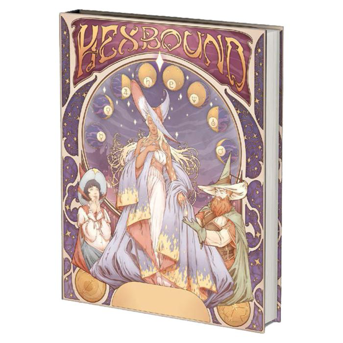 Deluxe Hexbound 5th Edition cover featuring three magical figures, moons, and ornate decoration.
