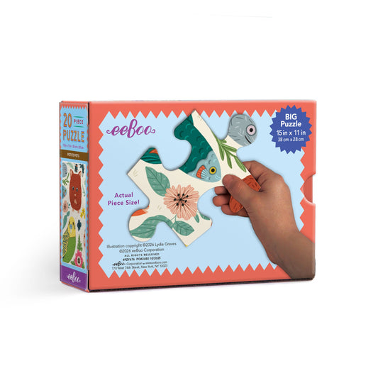 EeBoo Petite Pets 20 Piece Puzzle, recycled board, features plants and fish illustration, easy-to-hold pieces.