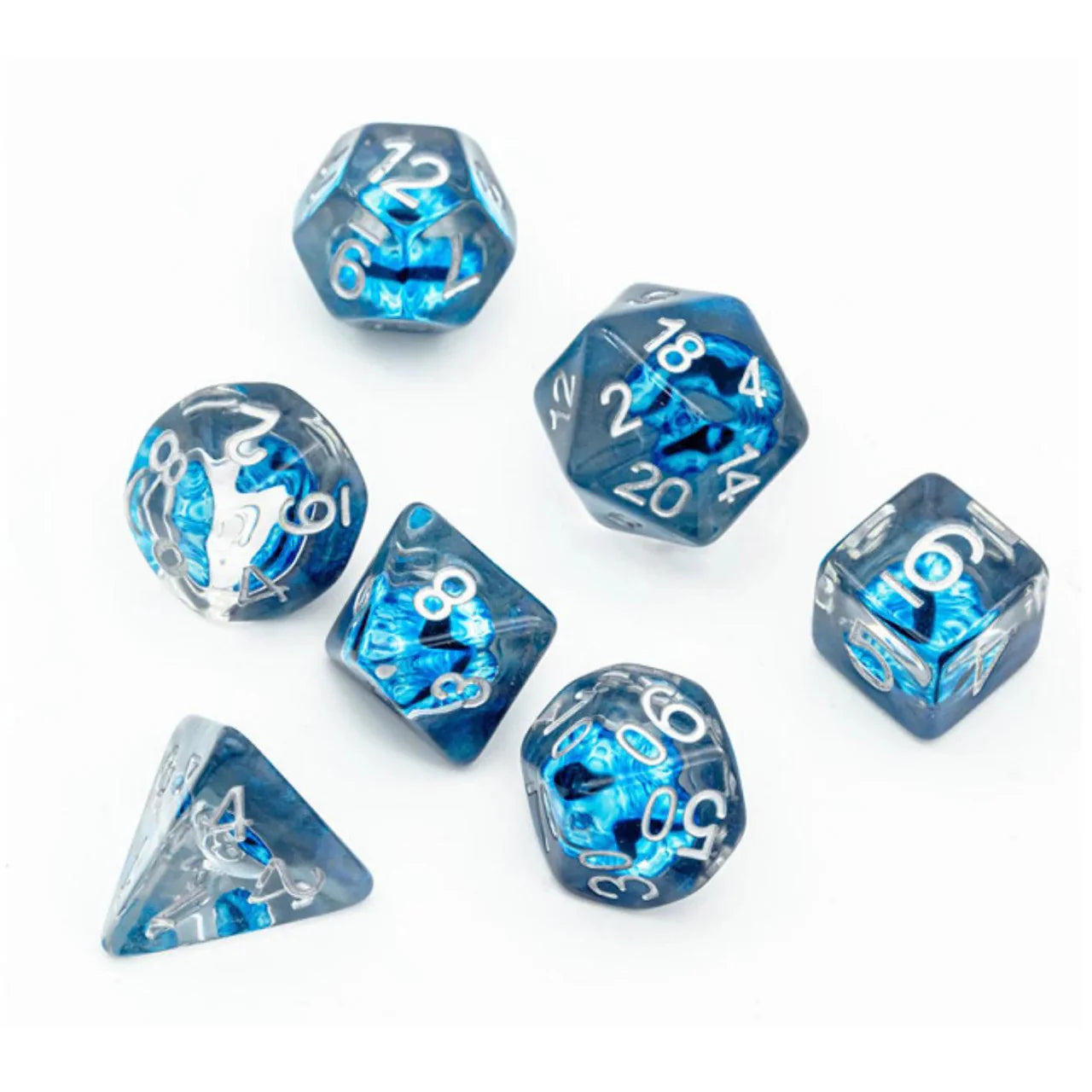 Cyberpunk Eye RPG Dice Set with 7 blue and clear polyhedral dice featuring white numbers.