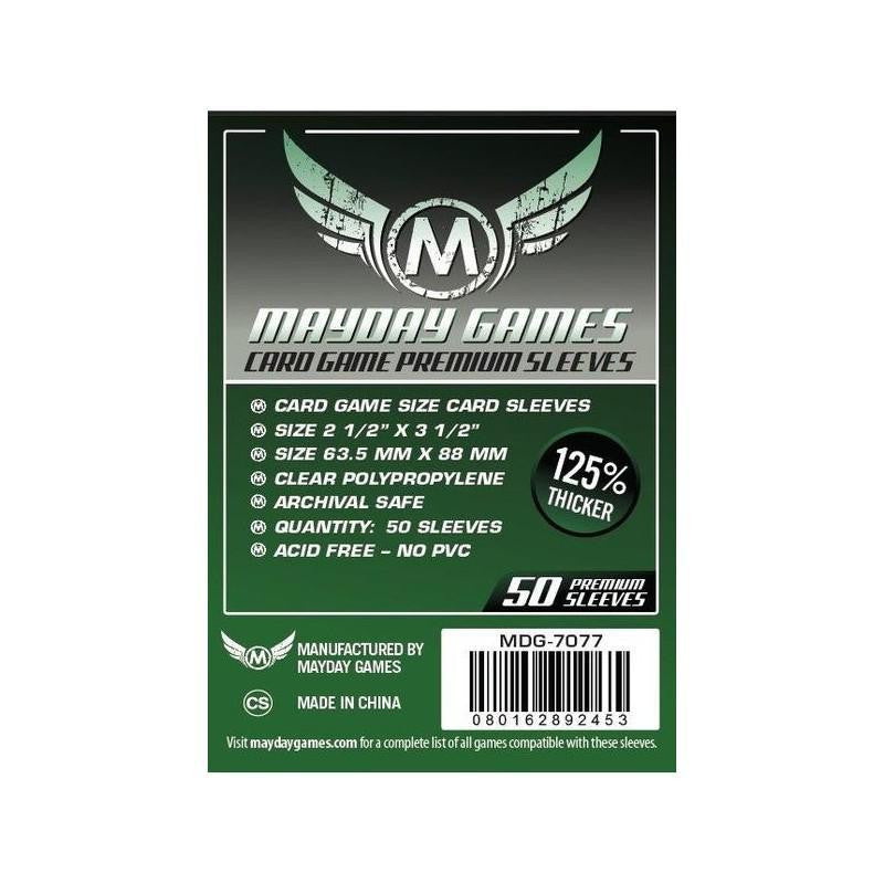 Mayday Games 63.5MM x 88MM 50 Pack card sleeves, archival safe and acid-free, showing size and thickness details.