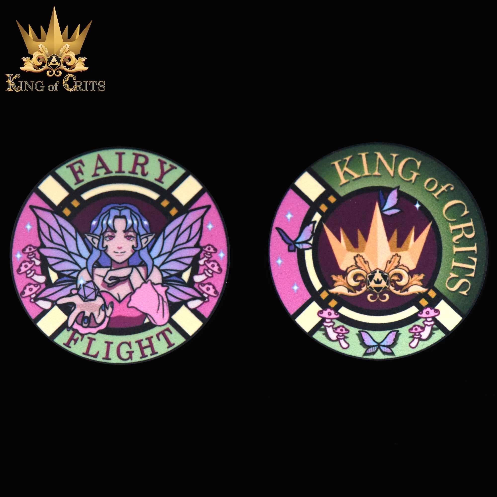 Two round tokens from Fairy Flight - 11 Dice Set: one with a fairy and FAIRY FLIGHT, one with a crown and KING of CRITS.