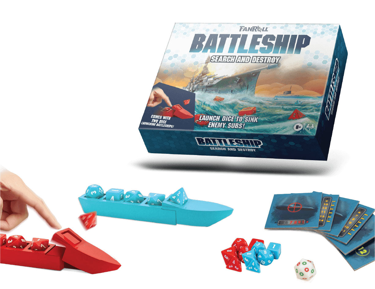 Battleship: Search and Destroy dice game with included dice and game pieces.