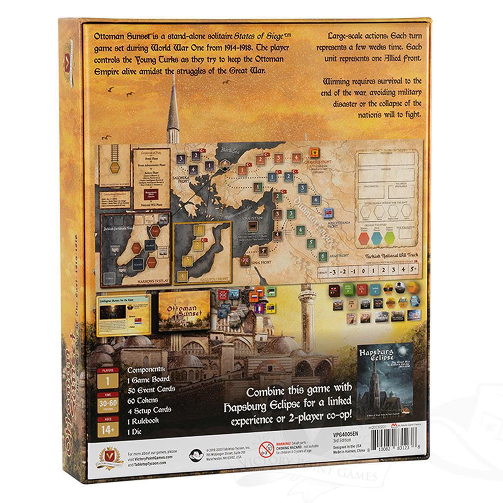 Back of States of Siege solo game showing components, board, and Ottoman Sunset 3rd Edition artwork.