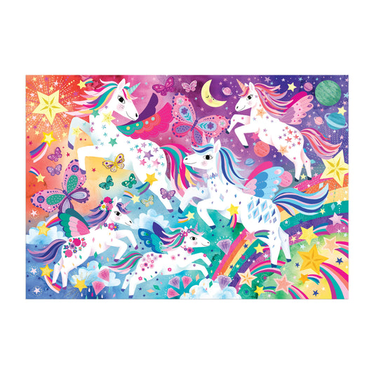 Unicorn Magic 100 Piece Puzzle featuring five winged unicorns leaping among stars.