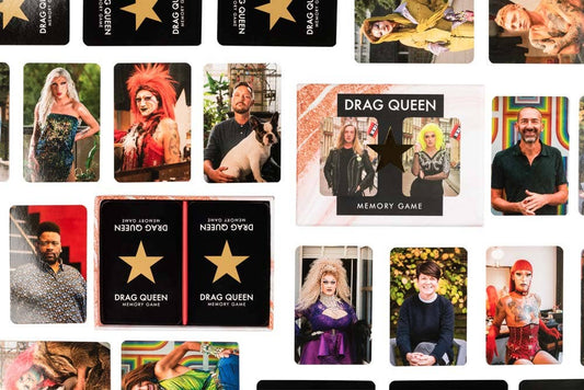 Drag Memory Game cards featuring portraits of Dutch drag queens and matching pairs.