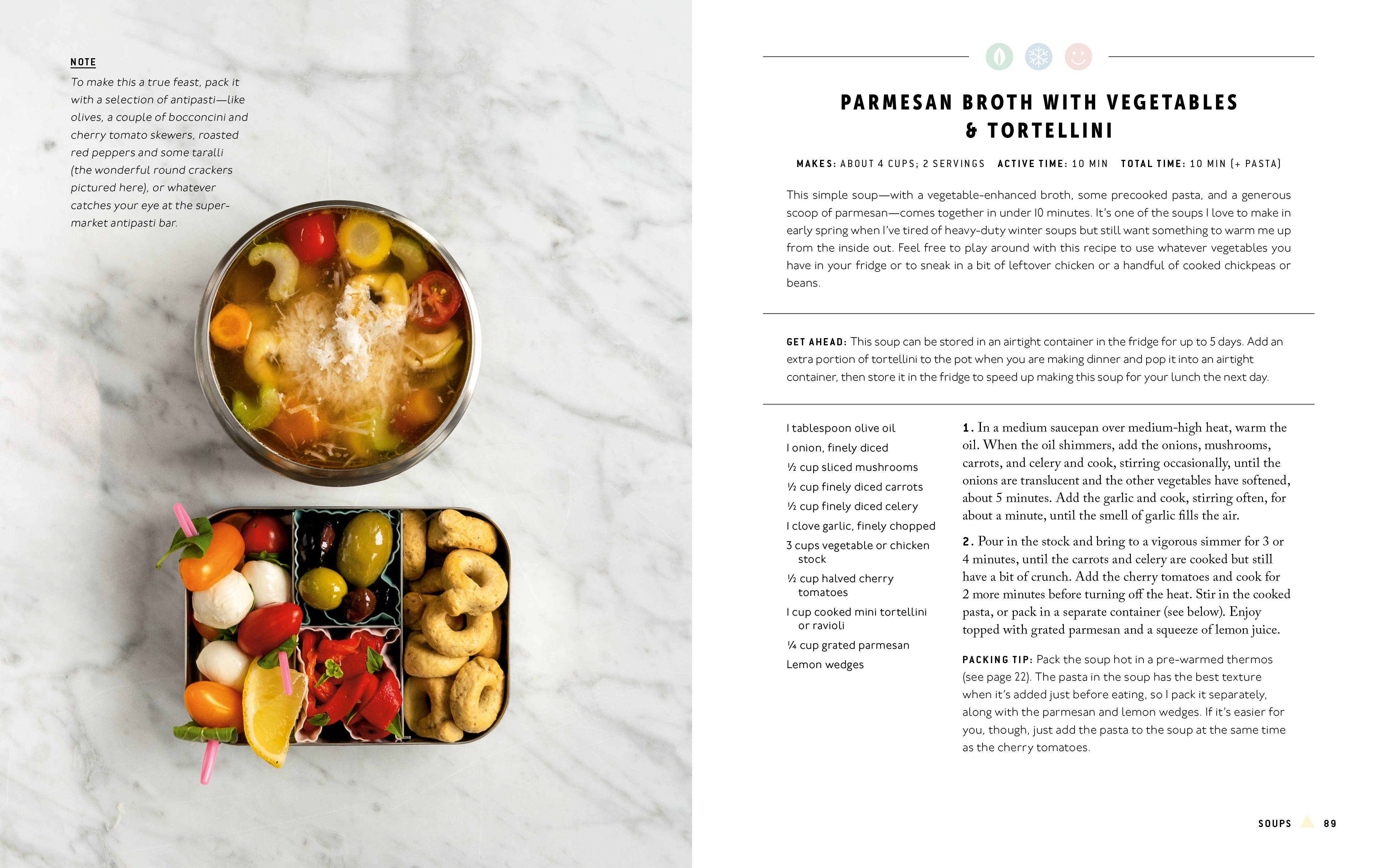 Tortellini broth with tomatoes and cheese from Lunchbox: 75+ Easy & Delicious Recipes cookbook.