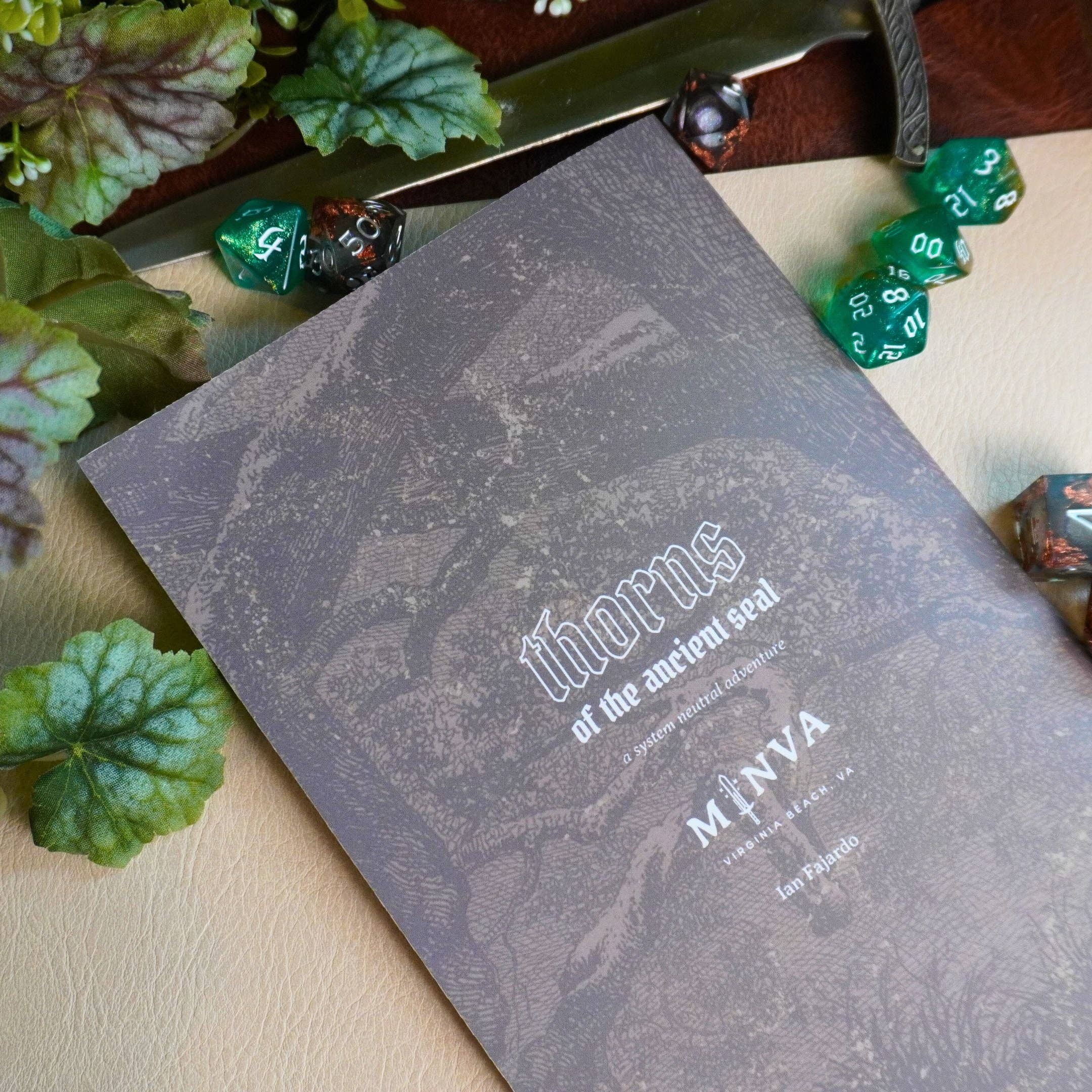 Thorns of an Ancient Seal TTRPG adventure booklet for D&D and any system with dice, sword, and leaves motif.