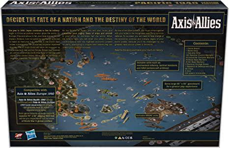 Axis & Allies Pacific 1940 Second Edition box back with WWII board, game pieces, and strategy contents shown.