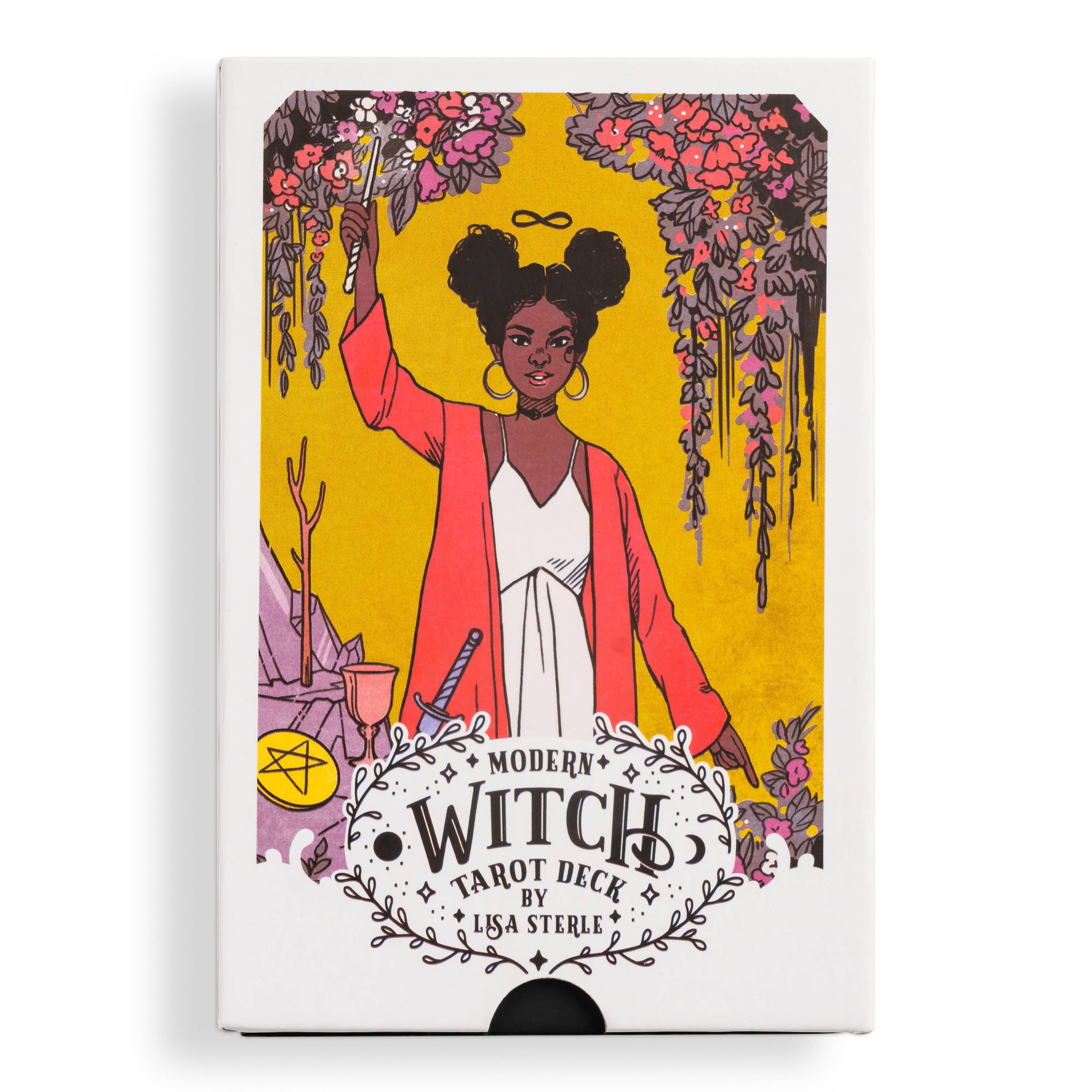 Modern Witch Tarot Deck box featuring a woman in pink with a wand among flowers.