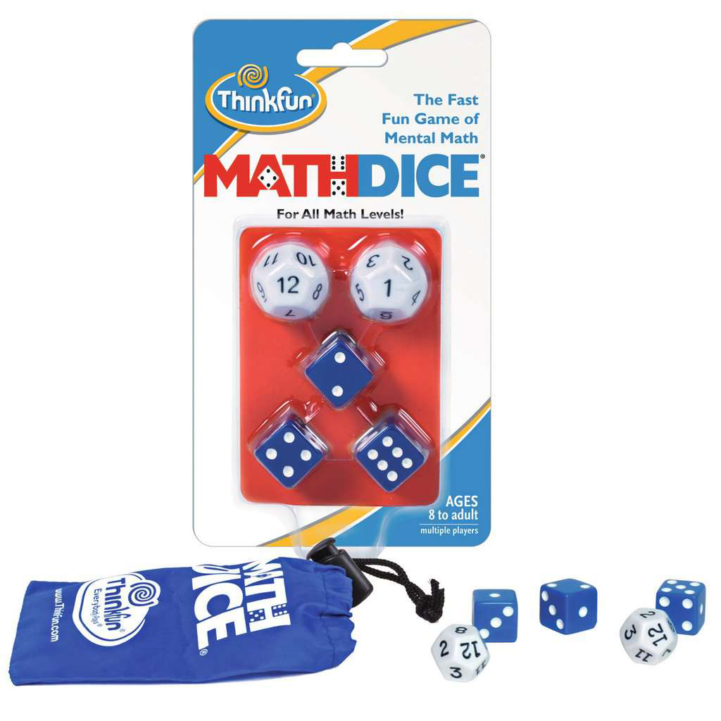 Math Dice set with two 12-sided dice, three 6-sided dice, and a blue bag.