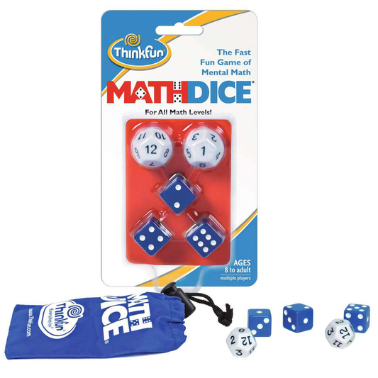 Math Dice set with two 12-sided dice, three 6-sided dice, and a blue bag.