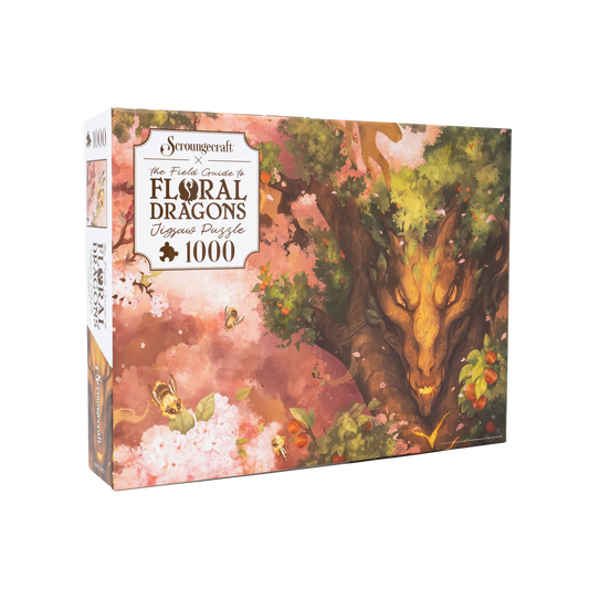 The Field Guide to Floral Dragons: Apple Tree Dragon 1000-piece puzzle with pink flowers and green foliage.