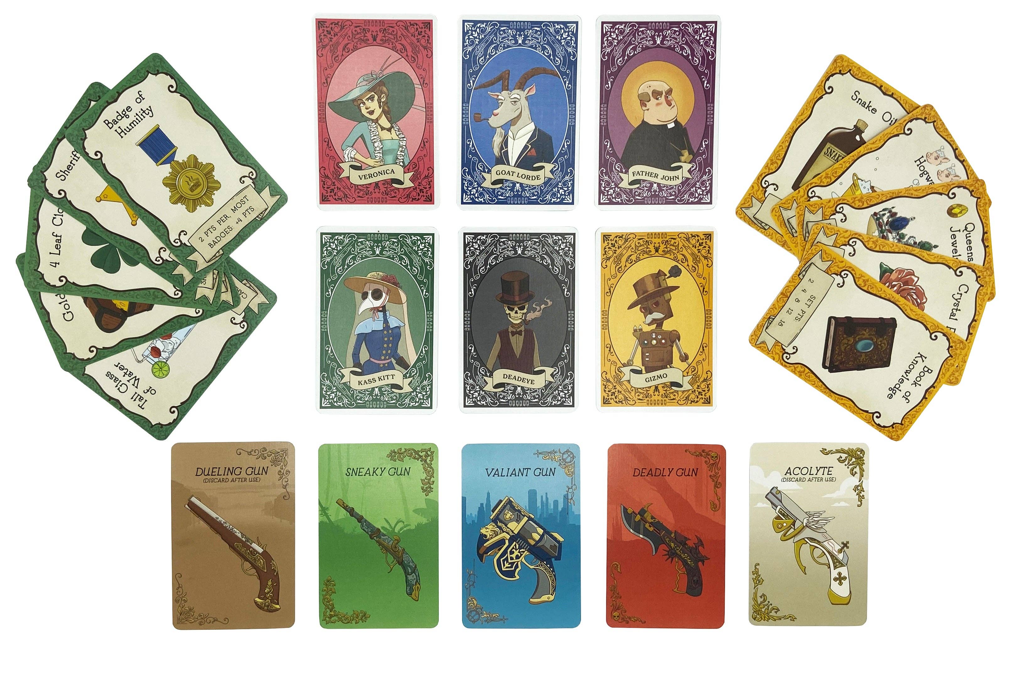 Loot N’ Loaded strategic card game featuring illustrated bounty hunters and quest-themed playing cards.
