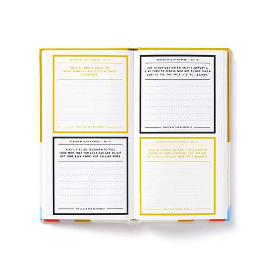 A Billion Random Acts of Kindness Prompted Journal with four kindness prompts and response spaces.
